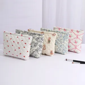 Korean Style Quilted Cosmetic Bag Large Capacity Floral Print Makeup Pouch Travel Storage Organizer Bag For Women
