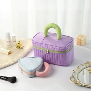 Portable quilted cosmetic bag set, large capacity makeup storage pouch with handle for travel.