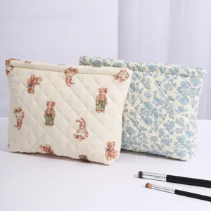 Quilted cosmetic bag large capacity cute bear floral makeup organizer zipper pouch
