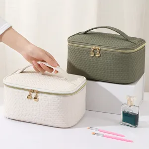 Large Capacity Cosmetic Bag Portable Travel Toiletry Bag PU Woven Texture Makeup Storage Bag Multifunctional Organizer