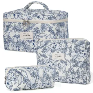 Set of 3 blue floral quilted cosmetic bags large travel toiletry organizer pouches for women.