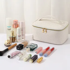 Large capacity white woven cosmetic bag, portable travel makeup storage organizer bag.