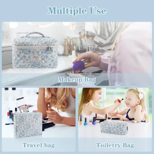 Floral quilted cosmetic bag 3-piece set large capacity travel toiletry storage organizer