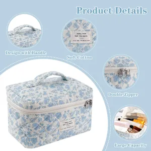 Quilted floral cosmetic bag with handle and double zipper, large capacity travel makeup bag.
