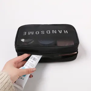 Black mesh travel cosmetic bag, portable waterproof makeup organizer for daily use.