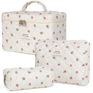 Quilted floral cosmetic bag set, large capacity portable travel makeup storage pouch main.