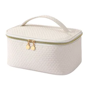 Large capacity portable cosmetic bag travel toiletry storage pouch organizer with woven texture handle
