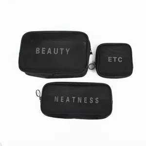 Nylon mesh travel cosmetic bag set, waterproof zipper makeup storage pouch for toiletries.