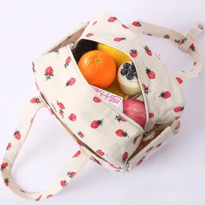 Cute strawberry corduroy lunch bag portable insulated tote bag for work and outdoor food storage