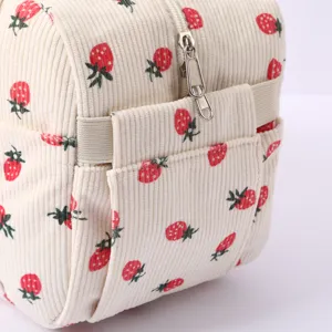 Cute corduroy strawberry lunch bag, portable insulated food container for office daily use.