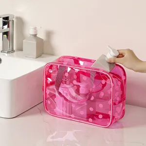 Pink polka dot transparent waterproof toiletry bag large capacity travel cosmetic organizer