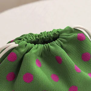 Green pink polka dot knitted drawstring cosmetic bag portable travel makeup pouch storage.