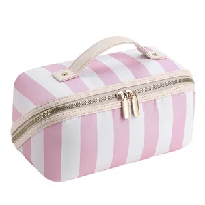 Pink and white striped makeup bag, large capacity portable cosmetic storage pouch for travel.
