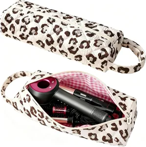 Borsa di stoccaggio cilindrica trapuntata con stampa leopardata per asciugacapelli e arricciacapelli