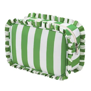 Green and white striped cosmetic bag with cute ruffle edges, large capacity travel storage pouch.