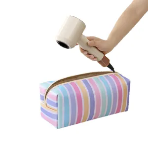 Portable striped hair dryer storage bag, large capacity travel cosmetic organizer pouch.