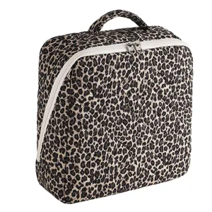 Quilted leopard cosmetic bag large travel organizer portable makeup pouch with zipper.