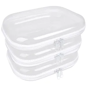 Clear plastic storage box detail, transparent design with white zipper, stackable box.