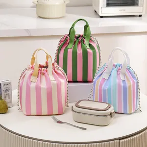 Striped Drawstring Thermal Bento Bag Thickened Aluminum Foil Insulated Lunch Bag Portable Picnic Bag