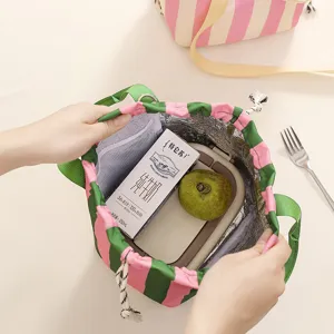 Striped drawstring insulated lunch bag with thick aluminum foil for fresh meals outdoor use.