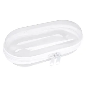 Clear plastic storage box detail, transparent portable organizer case with white zipper.