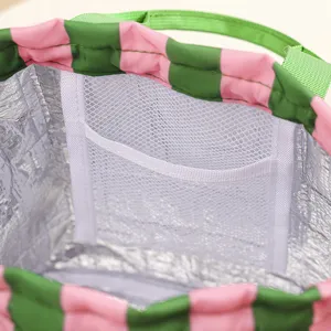 Thermal bento lunch bag with aluminum foil lining and interior mesh pocket for office picnic.