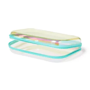 Clear holographic storage box detail, transparent portable plastic case with mint zipper.