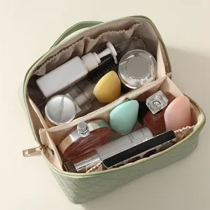 Large capacity cosmetic bag portable quilted makeup organizer travel storage pouch green