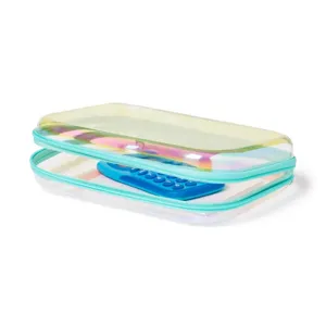 Detailed view of the clear iridescent pencil case with blue zipper and smooth plastic material.