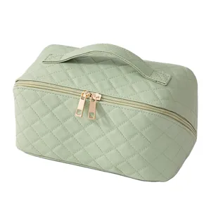 Large capacity quilted cosmetic bag, portable travel makeup pouch with handle, light green