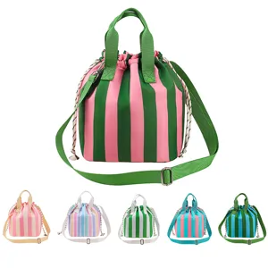 Striped drawstring lunch bag thermal bento handbag with shoulder strap and multiple color variants.