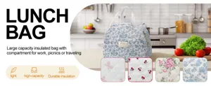 Detailed view of insulated lunch bag with quilted floral pattern and convenient front pocket.