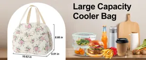 Large capacity floral cooler bag portable insulated lunch handbag for daily meal prep picnic