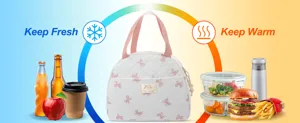Insulated lunch bag with bow pattern, large capacity portable bento bag for daily work or school.