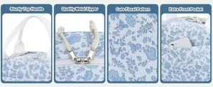 Close-up view showing sturdy top handle, metal zipper, cute floral pattern and front pocket.