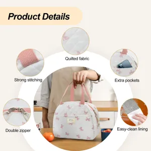 Insulated lunch bag with quilted fabric, strong stitching, and double zipper design.