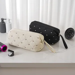 Multifunctional Travel Storage Bag Portable Quilted Hairdryer Pouch With Bow Embroidery For Hair Styling Tools