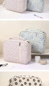 Close-up details of quilted floral cosmetic bags with sturdy zippers and portable handles.