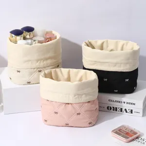 Cute Bow Quilted Makeup Bag Large Capacity Portable Travel Cosmetic Pouch Ins Style Cotton Storage Bag For Women