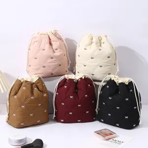Quilted cosmetic bag cute bow drawstring storage pouch portable makeup organizer multi-color