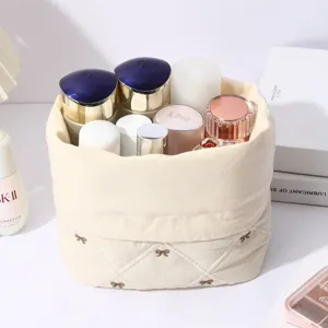 Cute bow quilted makeup bag, large capacity portable cotton storage pouch for women.