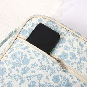 Retro floral book storage bag, portable quilted zip pouch for students and daily use.