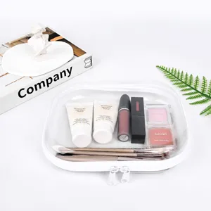 Clear transparent makeup bag with white zipper, portable cosmetic storage pouch for travel daily use.