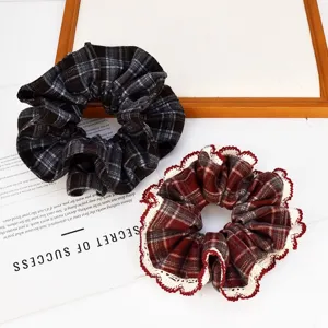 Coletas para el cabello a cuadros retro con borde de encaje elegante para accesorios DIY.