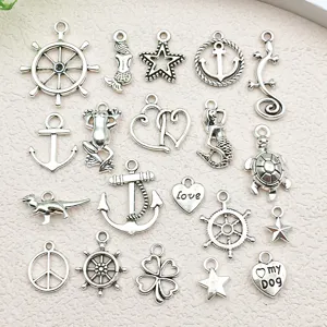 Colgantes DIY de Aleación de Zinc Plata Antigua Vintage para Fabricación de Joyería Ancla Náutica Estrella Corazón Sirena Tortuga Animales