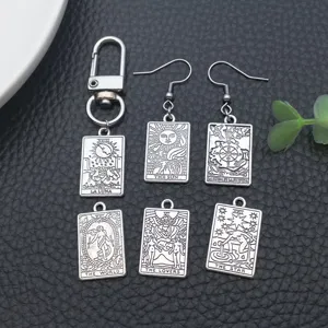 DIY alloy tarot card pendant charms keychain earrings set, vintage silver jewelry making accessories.