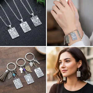 Alloy tarot card pendant jewelry set, including necklaces, bracelets, keychains and earrings.