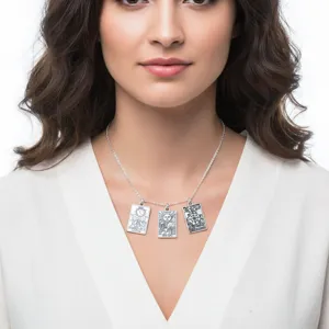 Silver chain necklace with three rectangular tarot card pendants, elegant alloy jewelry accessory.