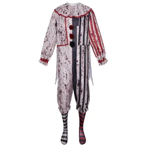 Detailed view of the bloody scary clown cosplay costume with stripe design for Halloween.