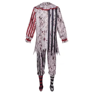 Dark clown blood-stained Halloween cosplay costume set with scary theme for party stage.